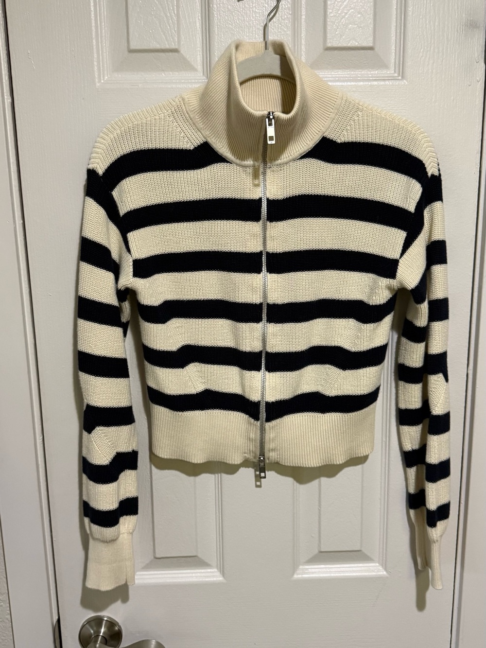 rag & bone Black and Cream Striped Zip-Front Sweater Amy Stripe Cotton zip - Picture 8 of 9